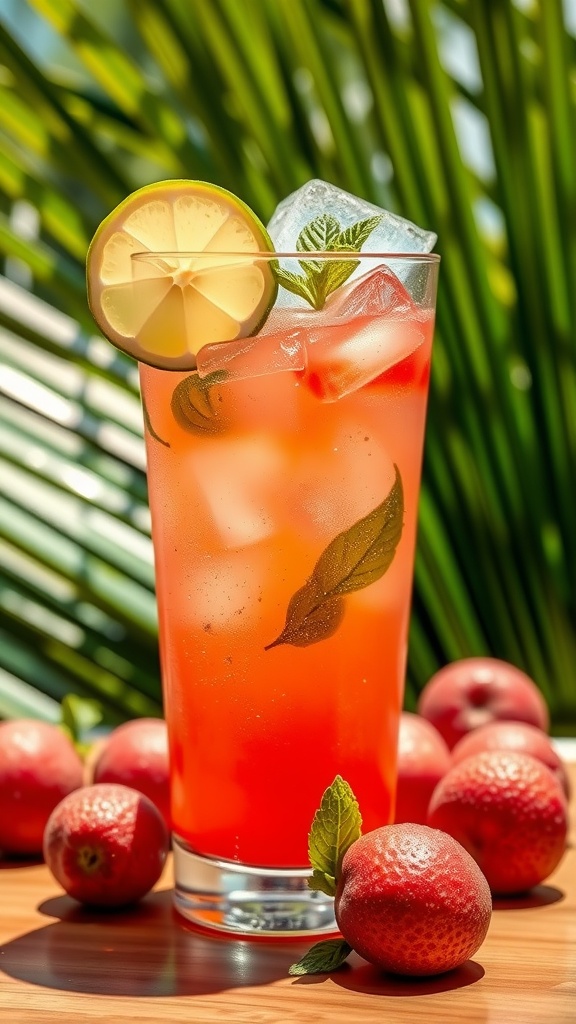Exotic Lychee Lime Cooler Recipe A refreshing Lychee Lime Cooler garnished with mint and lime, surrounded by tropical elements.